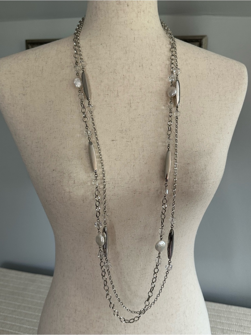 Silver Long Layered Chain Necklace with Pearl Accents